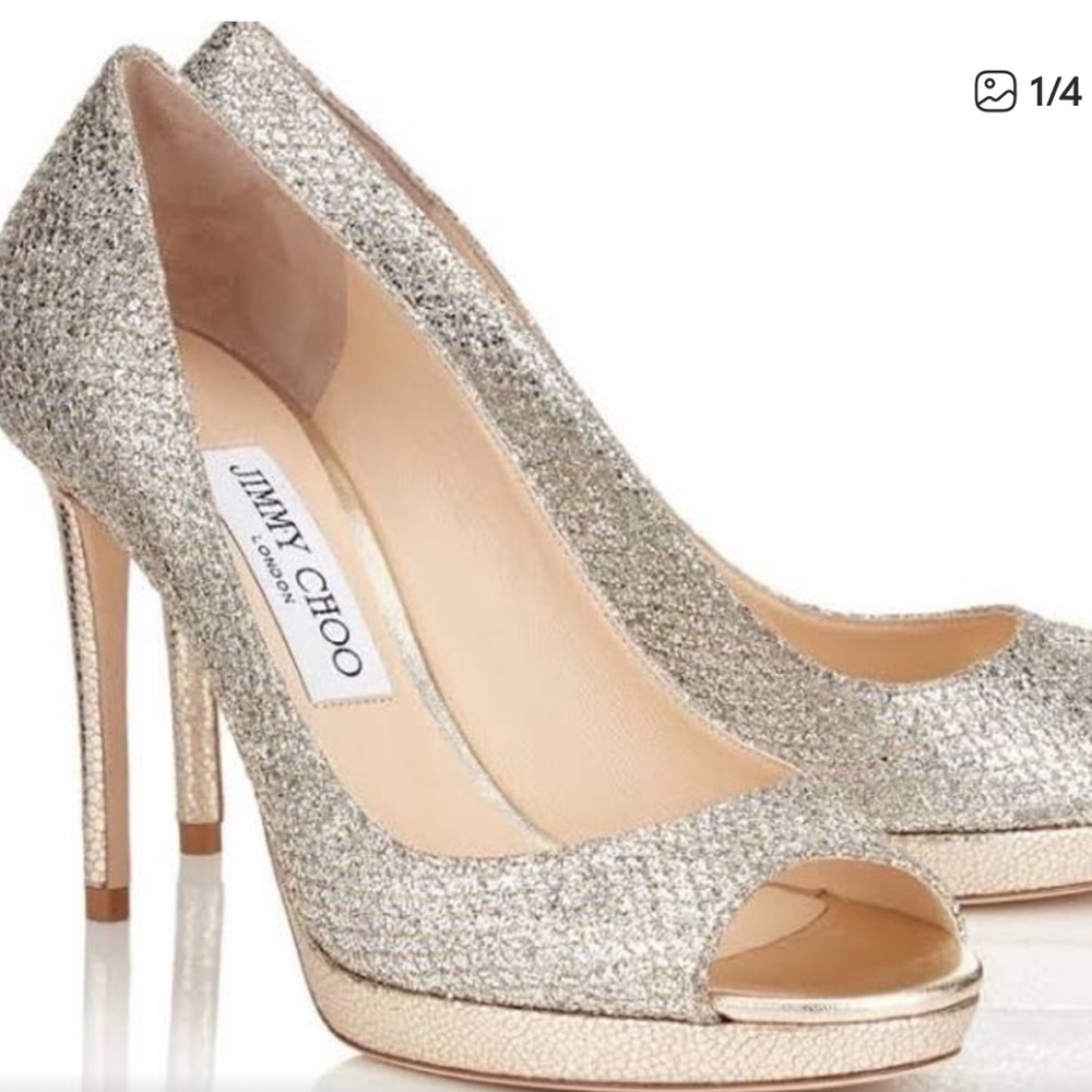 Jimmy Choo Glittering Gold Peep Toe Heels - Picture 1 of 2